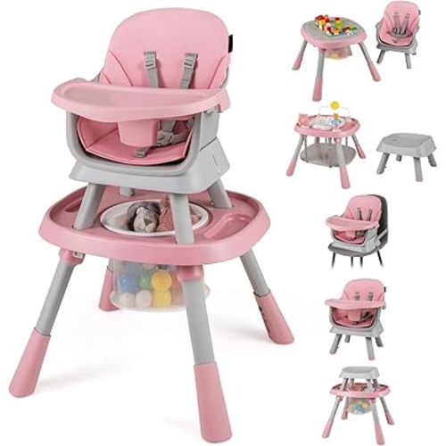 HONEY JOY 16-in-1 Baby High Chair, Convertible Highchair for Babies and Toddlers/Booster Seat/Activity Center with Toys, Building Block Table & Stool, Safety Harness, Removable Cushion & Tray (Pink)