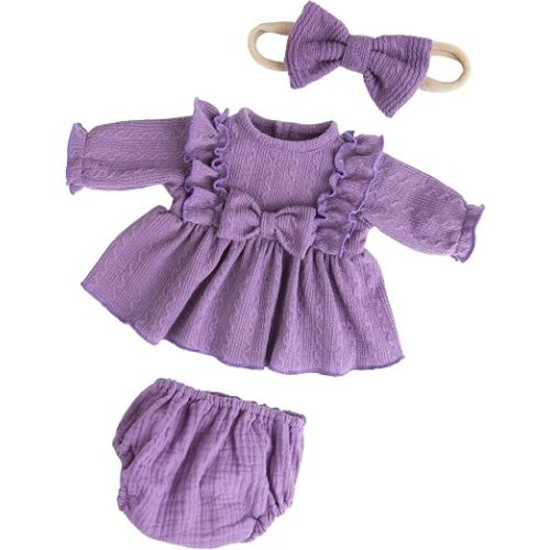 EKOKIZ Reborn Baby Doll Clothes 3-Piece Set - Purple Long-Sleeve Top, Puff Shorts & Headband for 17-20 Inch Dolls, Soft Stretchy Outfit for Pretend Play, Photography & Gift Giving