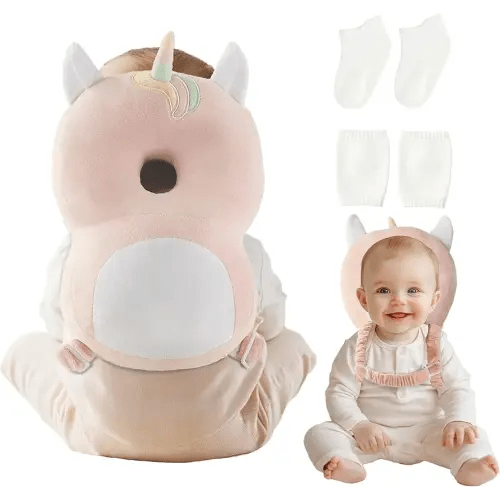 Baby Head Protector Backpack with Socks and Knee Pads - Adjustable Safety Pillow for Crawling Toddlers 5-12 Months, Soft Cushioned Support, Infant Travel Essentials Gift for Boys Girls (Unicorn)