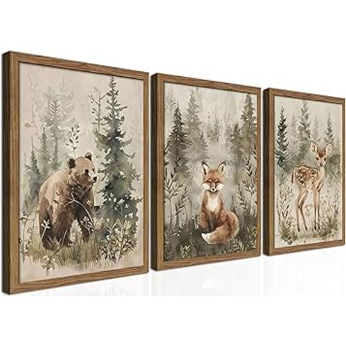 Framed Woodland Wall Art Nursery Decor Set of 3, Cute Wild Animals Bear Fox Deer Canvas Wall Art, Nature Watercolor Prints, Animal Pictures Wall Decor for Baby Room Kids Bedroom – 12x16 inch