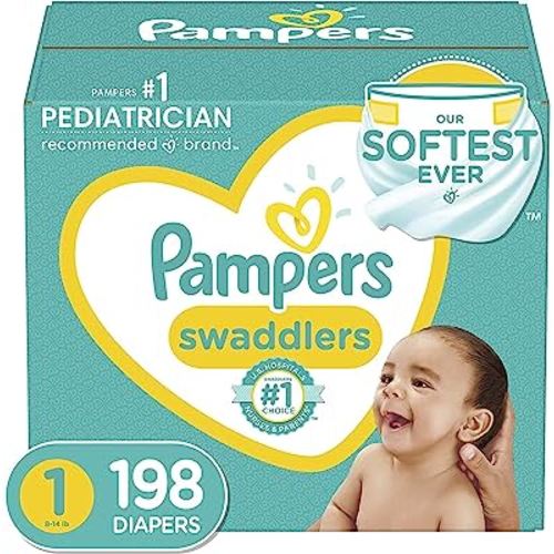 Diapers Size 1/Newborn, 198 Count - Pampers Swaddlers Disposable Baby Diapers (Packaging & Prints May Vary)