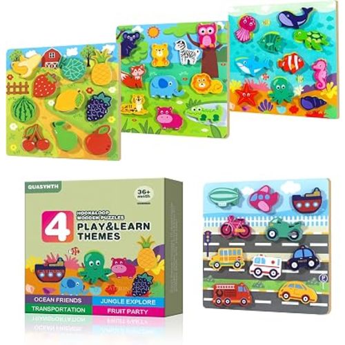 4-in-1 Hook & Loop Montessori Wooden Puzzles for Toddlers
