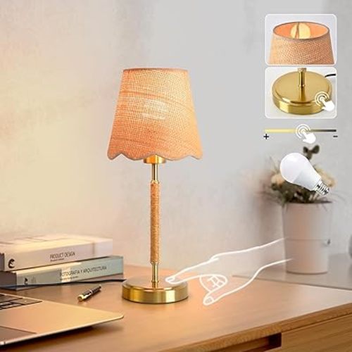 Boho Table Lamp for Bedroom, Touch Control Bedside Table Lamp with Brass Gold Base, Rattan Small Table Lamp for Small Space, Boho Lamp Rattan Lamp, Rustic Desk Lamp for Kitchen Counter, Nightstand