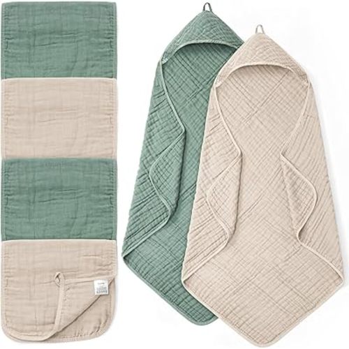 Extra Large 35x35 Inch Baby Towel and Washcloths Set, 6-Layer Muslin Baby Hooded Towel| Ultra Soft & Highly Absorbent Bath Bath Towel for Newborn, Infant & Toddler, Shower Gifts Essentials