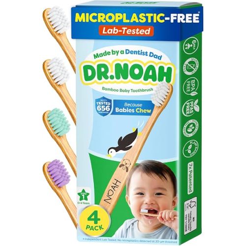 Dr. Noah Microplastic-Free Bamboo Baby Toothbrush, Dentist Designed, 4 Pack