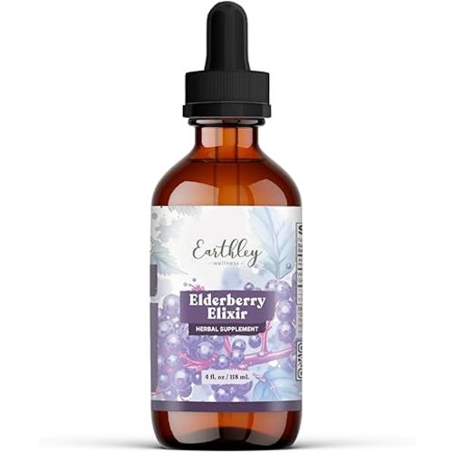 Earthley Wellness Elderberry Elixir Drops, Herbal Elderberry Syrup Alternative, Powerful Immune & Respiratory Support, Shelf Stable with Mullein, Orange Peels, and Cloves (4oz, Regular, 240+ doses)