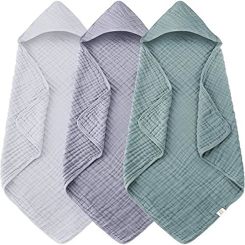 3-Pack Muslin Hooded Baby Towels, 100% Cotton, Ultra-Soft & Absorbent Baby Bath Towels with Hood for Babies, Infant, Toddler and Newbron (Grey, Green and Slate,32" x 32")
