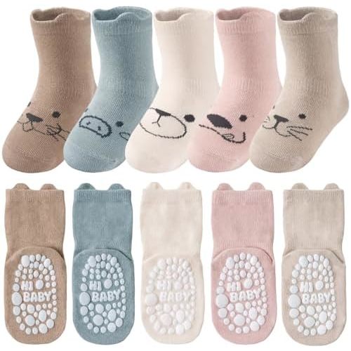Toddler Grip Socks, 5 Pairs, Cotton Crew for Baby Boys & Girls