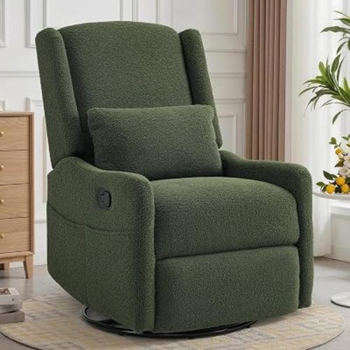 Korser Glider Recliner Rocking Chair, 360° Swivel Boucle Nursery Chair, Comfy Upholstered Recliner for Nursery, Living Room & Bedroom,Green