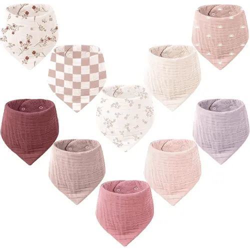 Konssy Muslin Baby Bibs 10 Pack Baby Bandana Drool Bibs 100% Cotton for Unisex Boys and Girls, Soft Absorbent Set for Teething and Drooling