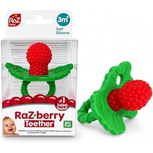 RaZbaby RaZberry Silicone Baby Teether Toy - Berrybumps Soothe Babies Sore Gums - Infant Teething Toy - Hands Free Design - BPA Free - Easy-to-Hold Design - Teething Relief Pacifier - Fruit Shape/Red