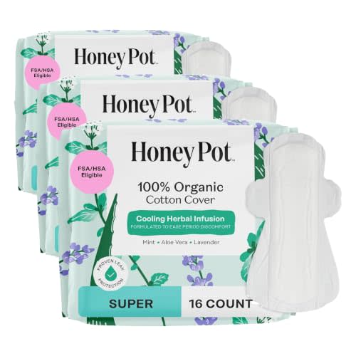 The Honey Pot Company - Herbal Pads for Women - Super w/Wings - Infused w/Essential Oils for Cooling Effect, Organic Cotton Cover, & Ultra-Absorbent Pulp Core - Feminine Care - 16 ct (Pack of 3)