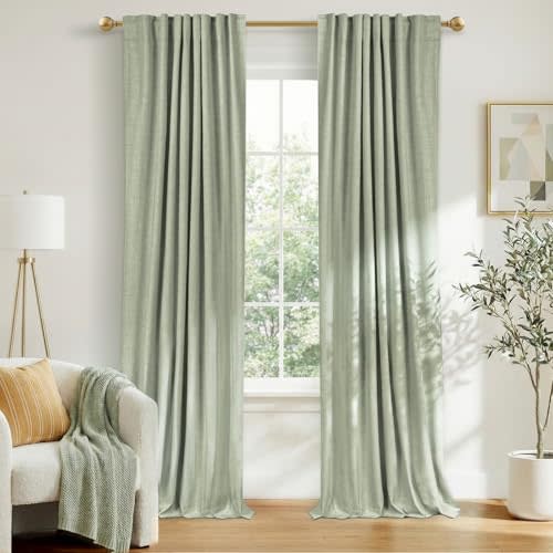 100% Blackout Shield Linen Blackout Curtains for Bedroom 108 Inches Long, Back Tab/Rod Pocket Living Room Drapes, Thermal Insulated Blackout Curtains 2 Panels Set, 50" W x 108" L,Sage Green