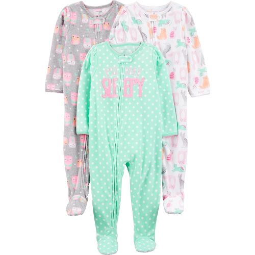 Simple Joys by Carter's Toddlers and Baby Girls' Loose-Fit Flame Resistant Fleece Footed Pajamas, Pack of 3