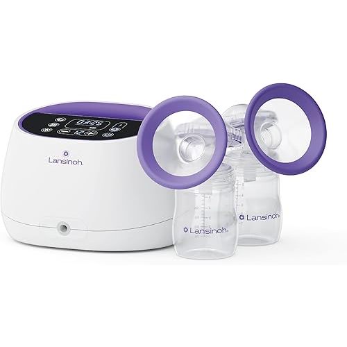 Lansinoh NaturalWave Double Electric Breast Pump White/Purple | Hospital-Grade Suction with 12 Levels, 5 Flange Sizes & Baby-Mimicking Motion | Breastfeeding Essentials for Pumping Moms