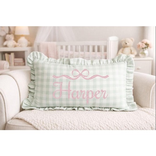 Embroidered Baby Name Gingham Pillow Cover, Ruffle Edge Nursery Decor Personalized Nursery Pillowcase Baby Girl Pillow Sham Custom Baby Gift