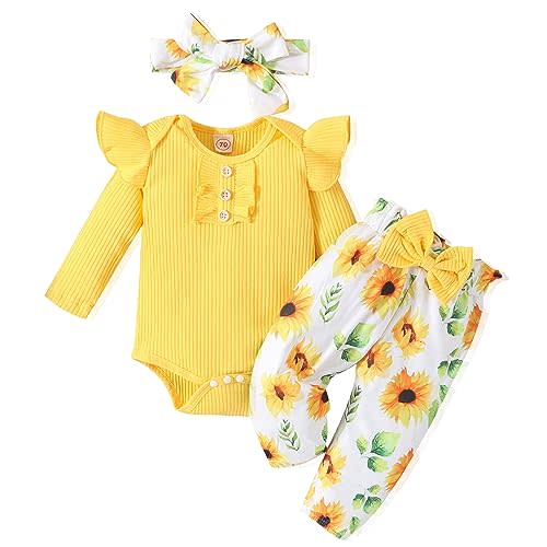 GDTOGRT Baby Girl Clothes Newborn Infant Outfits Ruffle Romper+ Floral Pants + Cute Headband Sets for Girls