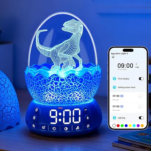 Dinosaur Egg Kids Clock/Decorative Lamp/Night Light/Bluetooth Speaker/White Noise Lullaby Machine, 11 Colors Touch, APP Control, Creative Gifts for Boys/Girls/Adult