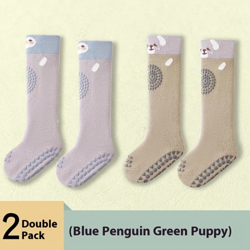 1-3T 2 Pairs of Long Socks with Non-Slip Sole for Crawls, Suitable for Newborns, Up to The Knee for Boys And Girls, Perfect for Spring, Autumn And Winter, Soil Use.