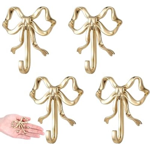 WLLHYF Small Bow Hook, 4 Pcs Bowknot Hook Decorative Bow Wall Decor Towel Hooks Multi-Purpose Hat Bright Yellow Gold Finish Wall Hooks for Bathroom Living Room Decor Hanging Coat