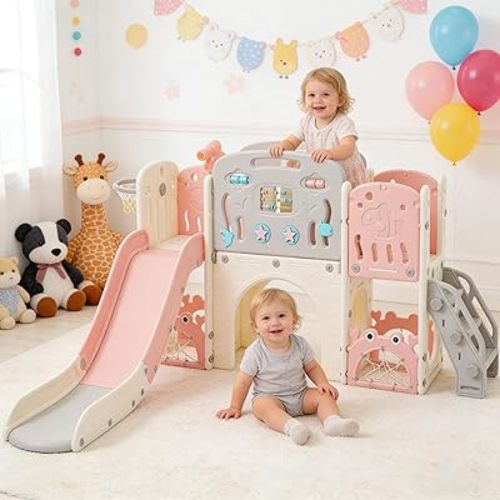 11-in-1 Multi-Activity Toddler Playset with Slide, Basketball Hoop & Telescope - Indoor/Outdoor Playground for Ages 1-3 (Pink+Beige)