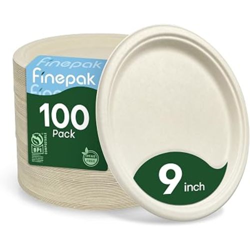 Compostable Paper Plates 9 Inch，Heavy Duty Paper Plates 100 Pack, Disposable Plates Biodegradable Dinnerware for Everyday Use, Party, Family (Microwave Safe)