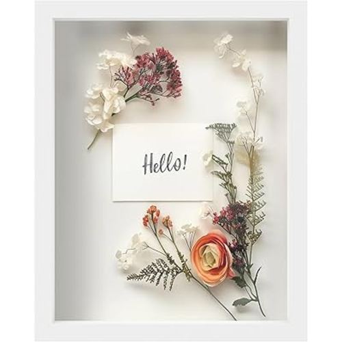 FrameWorks 11” x 14” White Wooden Shadow Box Frame – Display Case with Soft Felt Back, Memory Box with Tempered Glass, Display Box with Elegant White Ball Push Pins, Wooden Flower Box