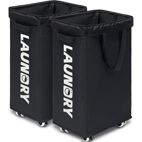 Goodpick Laundry Basket with Wheels, 2-Pack 75L Rolling Laundry Hamper with Removable Wash Bags, Collapsible Laundry Basket for Corner Dorm, Black