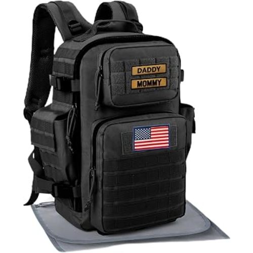 SHARKMOUTH Diaper Bag Military for Men - Large Baby Backpack with Changing Pad for Active Dad - Insulated for Outdoor Travel Camping Park Trips Black