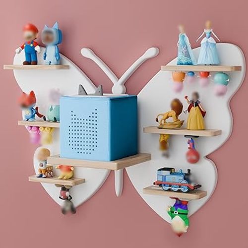 Butterfly Tonie Shelf for Tonie&TonieBox - White Magnetic Wooden Floating Shelves for Storage, Cute Tonie Wall Shelf for 20-32 Tonies Figure,TonieBox Shelves Wall Mount for Kids