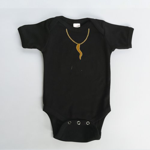 Italian Horn Chain Necklace - Cornicello Embroidered Black Baby One Piece | Malocchio Portafortuna | Red Horn | Baptism Outfit