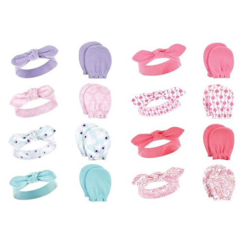 Hudson Baby Infant Girl 16Pc Cotton Headband and Scratch Mitten Set, Peacock Flamingo, 0-6 Months