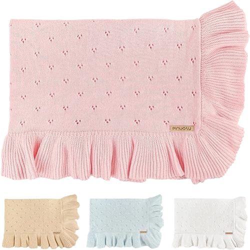 Cotton Pointelle Knitted Baby Blanket with Ruffle Trim, 40x31 Inches, Soft & Cozy for Newborns & Toddlers, Ideal for Swaddling, Crib & Stroller, Elegant Gift Box for All Seasons(Pink)
