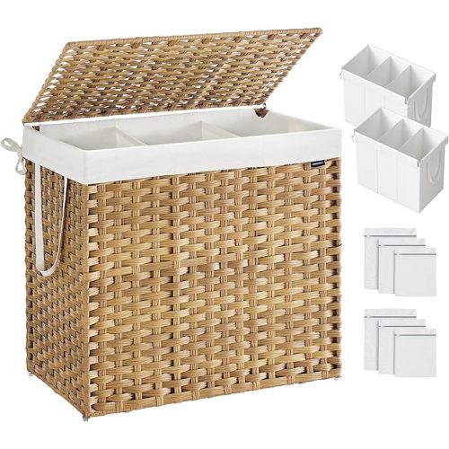 SONGMICS Laundry Hamper with Lid, 160 L Clothes Hamper with 2 Removable Liner Bags, 6 Mesh Bags, Wicker Laundry Basket, Double Laundry Hamper for Bathroom, 26 x 15.7 x 24 Inches, Natural ULCB316Y01