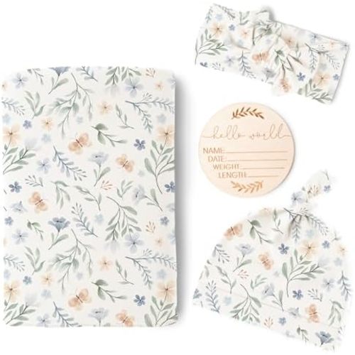 Konssy Newborn Swaddle Blanket with Beanie Hat Set, Baby Receiving Blanket