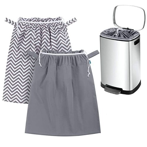 Teamoy 2 Pack Pail Liner for Cloth Diapers, Reusable Diaper Pail Bag with Elastic Band and Drawstring, Fits for 13.2 Gallon Trash Can and Diaper Pails, Gray Chevron+Slate