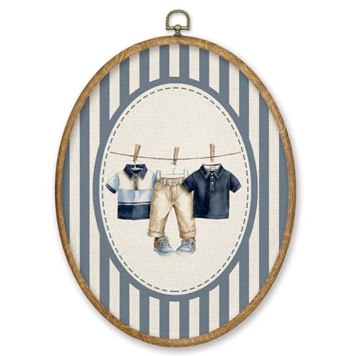 CGBHW Vintage Boy Nursery Oval Wall Art Decor, Kids Room Canvas Prints Framed, Blue Striped Baby Clothes Wall Art Hanging Decor for Home Kitchen Kids Toddler Boy Nursery Room Bedroom Playroom, 8.6x11.4 Inch