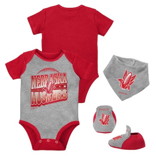Nebraska Huskers Mitchell & Ness Infant 3-Pack Bodysuit, Bib and Bootie Set - Scarlet/Heather Gray