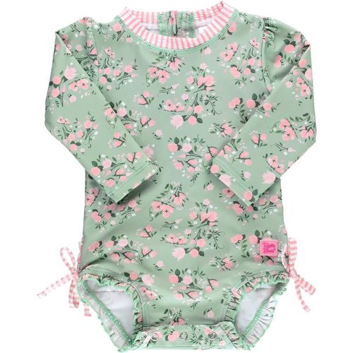 RuffleButts Baby Girls UPF 50+ Sun Protection Floral Printed Long Sleeve One Piece Rash Guard Swimsuit with Zipper