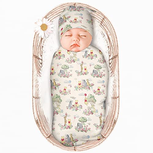 MPRUIU Baby Swaddle Blanket Nursery Wrap Newborn Receiving Blanket with Beanie Set，Soft Stretchy Baby Swaddling Blankets Infant Swaddle Sack for Baby Boy & Girl Gifts, Polyester