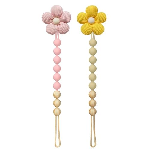 2Pcs Flower Pacifier Clip, 100% Food-Grade Silicone Pacifier Clip with Soft Fabric Daisy, Secure One-Piece Design, Easy to Clean, Baby Shower Gift for Girls Boys