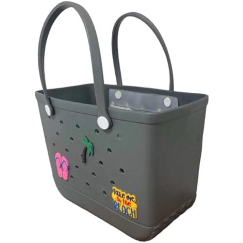 XL Waterproof Rubber Beach Tote Bag with Drainage Holes –Stylish Rubber Bag with Charms for Sand-Free Beach,Pool & Lake Days
