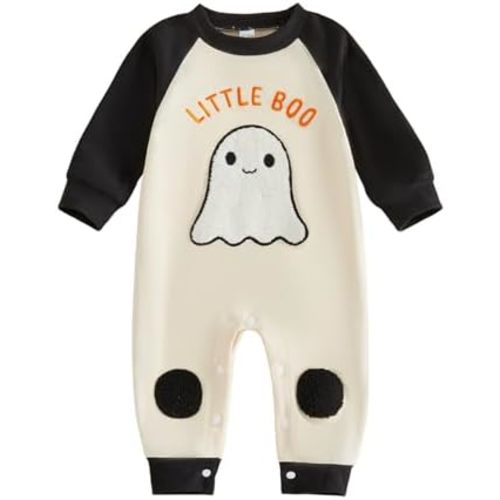 Newborn Baby Boy Halloween Outfit Little Boo Ghost Embroidery Romper Color Block Bodysuit One Piece Jumpsuit 0-18M