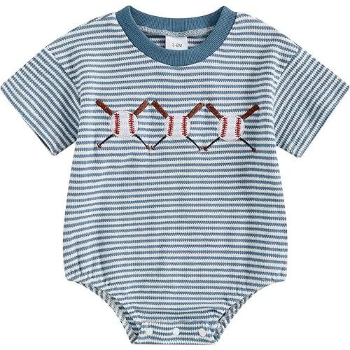 Newborn Baby Boy Girl Clothes Embroidery Stripe Bubble Romper Short Sleeve Waffle Bodysuit Tops Summer Outfit