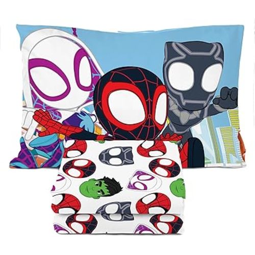 Sunny Side Up Spidey & His Amazing Friends Toddler Sheet Set - 3 Piece Toddler Bedding Set Includes Pillow Cover - Super Soft Superhero Microfiber Sheets Features Miles Morales & Ghost Spider