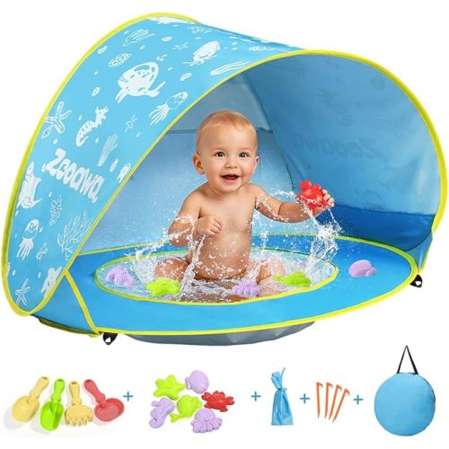 Zooawa Baby Beach Tent, Pop Up Beach Tent Sun Shade for Beach, Portable Shade Pool UV Protection Sun Shelter for Infant with Beach Sand Toys Set