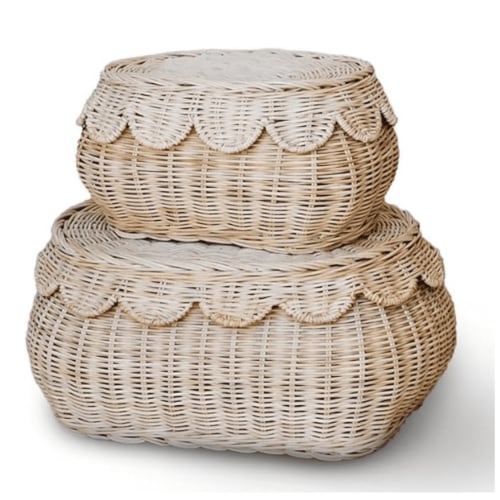 Hand Woven Rattan Basket Set - 15x10x6 Inch - Small Scalloped Baskets - Round Wicker Basket - Wicker Storage Basket - Rattan Basket With Lid (Natural)