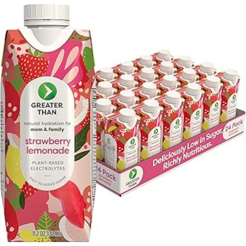 Greater Than Nutrient Hydration Beverage, Electrolyte Drink for Gut Health & Energy with Coconut Water, Vitamins, Gluten Free, Plant Based, Low Sugar, Strawberry Lemonade, 24 Pack