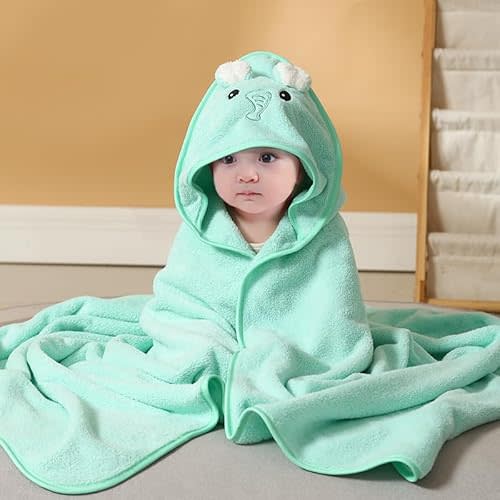 Hooded Baby Towel - Premium Soft Bath Towel for Baby, Newborn,Infant - Ultra Absorbent,Natural Baby Stuff Towel, Soft Coral Velvet Coral Fleece Bath Towel for Boys and Girls (Green Elephant)