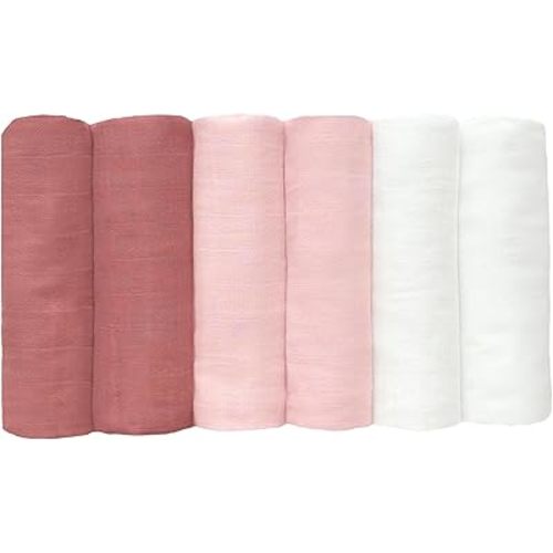 Muslin Swaddle Blankets 6 Pack, Newborn Baby Receiving Blankets, Soft Breathable Baby Wrap for Boys and Girls, Absorbent Infant Swaddling Blankets, 27.5 x 27.5 Inches (Pink)